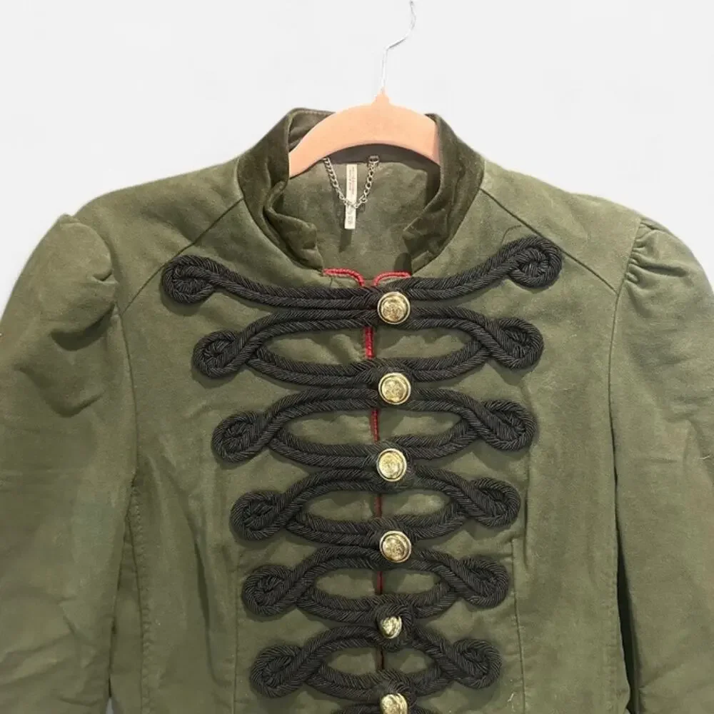 Free People Army Green Military Jacket XS Braided Trim Victorian Cotton